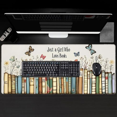 Just a Girl Who Loves Books Large Gaming Desk Mat,Rubber Non-Slip Floral and Butterfly Mouse Pad,31.5x11.8x0.12in Extended Book Mousepad,Game Lover Mice Pads Gifts,Office Home Deskmat Decor in Kuwait