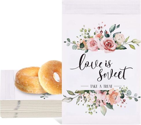 Whaline 150Pcs Wedding Favors Candy Buffet Bags Self-Adhesive Love Is Sweet Wedding Treat Bags Pink Floral Pattern Cookie Snack Bag White Kraft Paper Party Favor Bag for Gifts, 5.1 x 7.1 Inch in Saudi Arabia