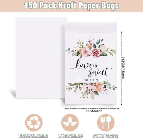 Whaline 150Pcs Wedding Favors Candy Buffet Bags Self-Adhesive Love Is Sweet Wedding Treat Bags Pink Floral Pattern Cookie Snack Bag White Kraft Paper Party Favor Bag for Gifts, 5.1 x 7.1 Inch in Saudi Arabia