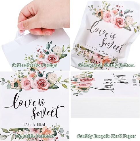 Whaline 150Pcs Wedding Favors Candy Buffet Bags Self-Adhesive Love Is Sweet Wedding Treat Bags Pink Floral Pattern Cookie Snack Bag White Kraft Paper Party Favor Bag for Gifts, 5.1 x 7.1 Inch in Saudi Arabia