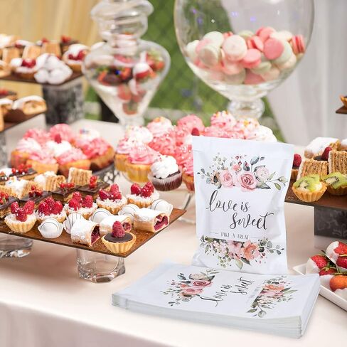 Whaline 150Pcs Wedding Favors Candy Buffet Bags Self-Adhesive Love Is Sweet Wedding Treat Bags Pink Floral Pattern Cookie Snack Bag White Kraft Paper Party Favor Bag for Gifts, 5.1 x 7.1 Inch in Saudi Arabia