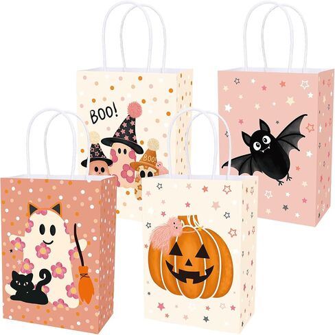 Whaline 24Pcs Pink Halloween Party Gift Bags with Handles Cute Ghost Boo Bat Evil Pumpkin Cat Paper Goodie Bag Candy Treat Bags for Birthday Wedding Baby Shower in Saudi Arabia