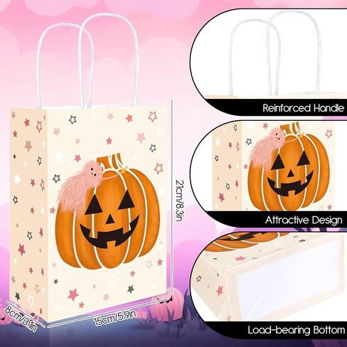 Whaline 24Pcs Pink Halloween Party Gift Bags with Handles Cute Ghost Boo Bat Evil Pumpkin Cat Paper Goodie Bag Candy Treat Bags for Birthday Wedding Baby Shower in Saudi Arabia