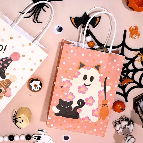 Whaline 24Pcs Pink Halloween Party Gift Bags with Handles Cute Ghost Boo Bat Evil Pumpkin Cat Paper Goodie Bag Candy Treat Bags for Birthday Wedding Baby Shower in Saudi Arabia
