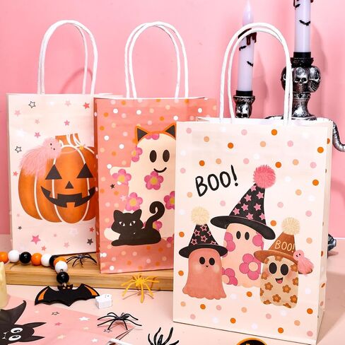 Whaline 24Pcs Pink Halloween Party Gift Bags with Handles Cute Ghost Boo Bat Evil Pumpkin Cat Paper Goodie Bag Candy Treat Bags for Birthday Wedding Baby Shower in Saudi Arabia