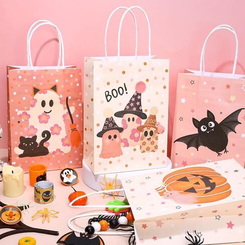 Whaline 24Pcs Pink Halloween Party Gift Bags with Handles Cute Ghost Boo Bat Evil Pumpkin Cat Paper Goodie Bag Candy Treat Bags for Birthday Wedding Baby Shower in Saudi Arabia