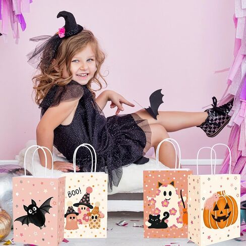 Whaline 24Pcs Pink Halloween Party Gift Bags with Handles Cute Ghost Boo Bat Evil Pumpkin Cat Paper Goodie Bag Candy Treat Bags for Birthday Wedding Baby Shower in Saudi Arabia