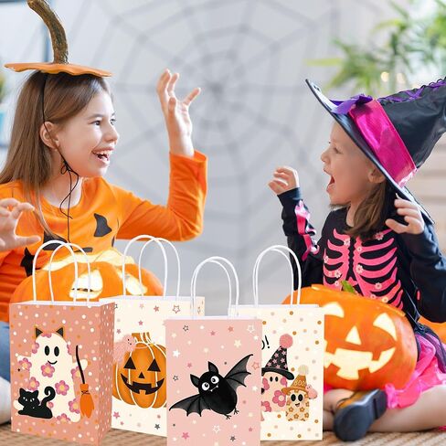 Whaline 24Pcs Pink Halloween Party Gift Bags with Handles Cute Ghost Boo Bat Evil Pumpkin Cat Paper Goodie Bag Candy Treat Bags for Birthday Wedding Baby Shower in Saudi Arabia