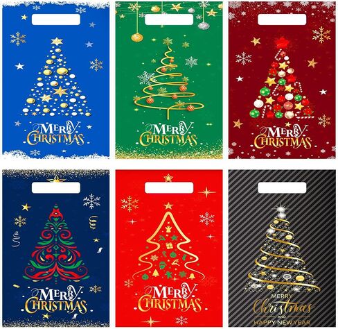 Hotop 150 PCS عيد الميلاد أكياس عيد الميلاد شجرة جيدة الأكياس الكميات من البلاستيك الحلوى معالجة أكياس الوجبات الخفيفة مع مقابض لملفات تعريف الارتباط العطلة جودي هدية عيد ميلاد سعيد لحفلات عيد الميلاد اللوازم ، 6 أنماط in Saudi Arabia