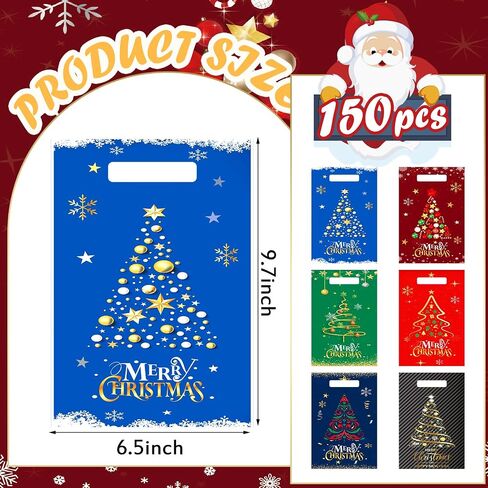 Hotop 150 PCS عيد الميلاد أكياس عيد الميلاد شجرة جيدة الأكياس الكميات من البلاستيك الحلوى معالجة أكياس الوجبات الخفيفة مع مقابض لملفات تعريف الارتباط العطلة جودي هدية عيد ميلاد سعيد لحفلات عيد الميلاد اللوازم ، 6 أنماط in Saudi Arabia