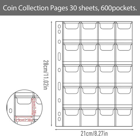 600 Pockets Coin Sleeves, 20 Sheets Coin Pages, Collecting Supplies with Standard 9 Holes, Sheets Plastic for Binder in Saudi Arabia