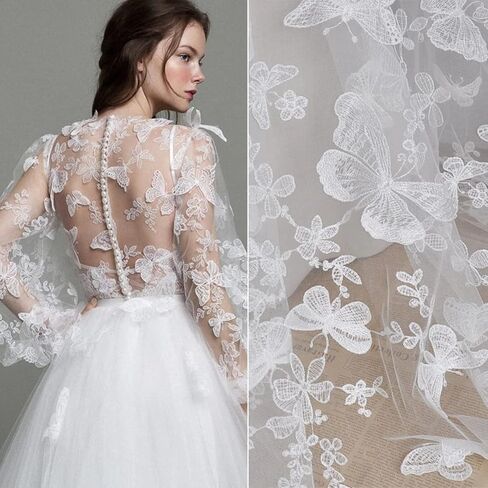 51" Width 3D Vivid Butterfly Lace Fabric Exquisite Flower Embroidery Soft Tulle Lace Fabric for Wedding Bridal Lace Dress Party Dress Home Decor (3 Yard, White Mesh+White Butterfly) in Saudi Arabia