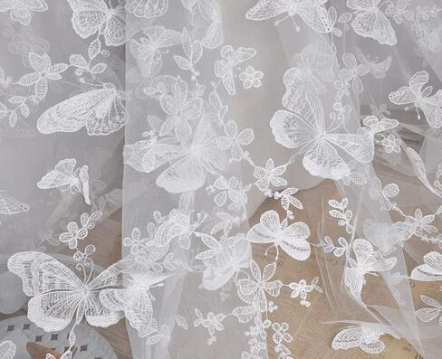 51" Width 3D Vivid Butterfly Lace Fabric Exquisite Flower Embroidery Soft Tulle Lace Fabric for Wedding Bridal Lace Dress Party Dress Home Decor (3 Yard, White Mesh+White Butterfly) in Saudi Arabia