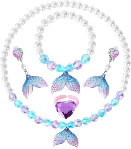 Princess Jewelry for Little Girls, 5 Piece Mermaid Tail Jewelry Set, Stretch Necklace Bracelets Rings and Clip on Earrings, Perfect for Dress Up, Birthday Parties, Costume Play in Kuwait