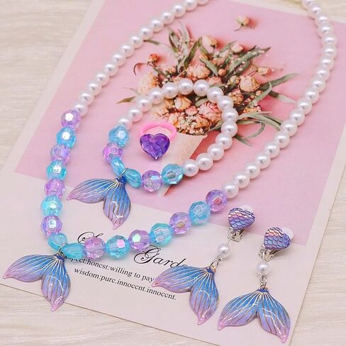 Princess Jewelry for Little Girls, 5 Piece Mermaid Tail Jewelry Set, Stretch Necklace Bracelets Rings and Clip on Earrings, Perfect for Dress Up, Birthday Parties, Costume Play in Kuwait