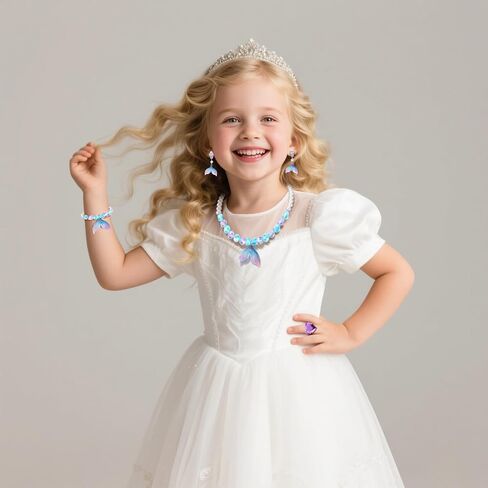 Princess Jewelry for Little Girls, 5 Piece Mermaid Tail Jewelry Set, Stretch Necklace Bracelets Rings and Clip on Earrings, Perfect for Dress Up, Birthday Parties, Costume Play in Kuwait