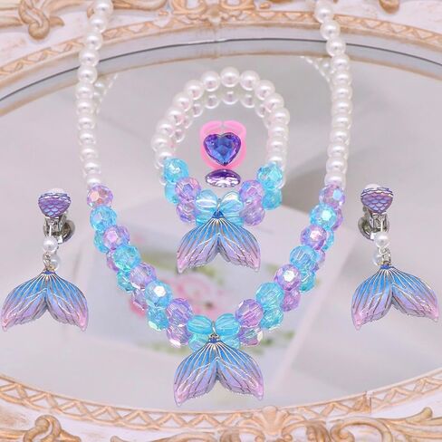 Princess Jewelry for Little Girls, 5 Piece Mermaid Tail Jewelry Set, Stretch Necklace Bracelets Rings and Clip on Earrings, Perfect for Dress Up, Birthday Parties, Costume Play in Kuwait