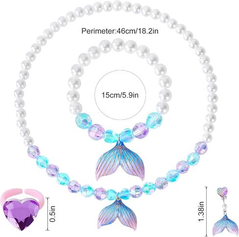 Princess Jewelry for Little Girls, 5 Piece Mermaid Tail Jewelry Set, Stretch Necklace Bracelets Rings and Clip on Earrings, Perfect for Dress Up, Birthday Parties, Costume Play in Kuwait