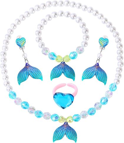 مجوهرات الأميرة للفتيات الصغيرات ، مجموعة مجوهرات ذات 5 قطع حورية البحر ، حلقات أساور قلادة تمتد ومقطع على الأقراط ، مثالية لللباس ، حفلات أعياد الميلاد ، تلعب الأزياء in Kuwait