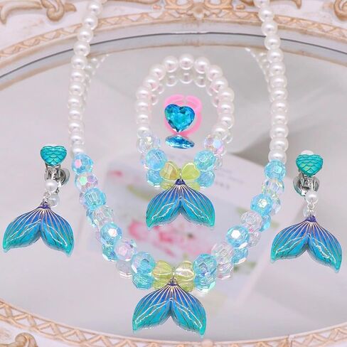مجوهرات الأميرة للفتيات الصغيرات ، مجموعة مجوهرات ذات 5 قطع حورية البحر ، حلقات أساور قلادة تمتد ومقطع على الأقراط ، مثالية لللباس ، حفلات أعياد الميلاد ، تلعب الأزياء in Kuwait