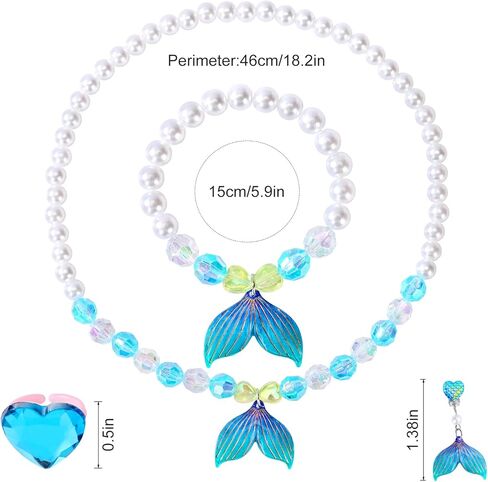 مجوهرات الأميرة للفتيات الصغيرات ، مجموعة مجوهرات ذات 5 قطع حورية البحر ، حلقات أساور قلادة تمتد ومقطع على الأقراط ، مثالية لللباس ، حفلات أعياد الميلاد ، تلعب الأزياء in Kuwait