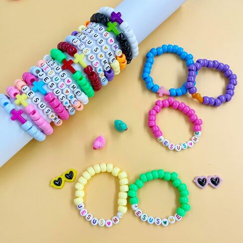 Juthfer 60 يضع يسوع يحبني سوار DIY أكياس إيمان مستوحى من حبات السوار الديني الحرفي لهدايا آية الكتاب المقدس الروحية (يسوع يحبني ، أبيض ملون) in Kuwait