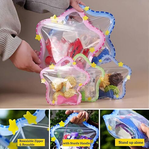 30 Pack Clear Resealable Stand-up Bottom Gift Bags Plastic Goody Treat Bag Candy Snack Food Storage Wrapping for Wedding Birthday Kids Party Favor (8.66x8.66 inch 3 Colors Pattern with Handle) in Kuwait