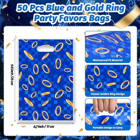 Agranjeuc 50pcs الأزرق والذهبي الخاتم الحزب الأكياس - تصميم القنفذ أكياس الحلوى لزخارف عيد ميلاد Gamer ، ألواح الفيديو البلاستيكية لوازم ToteBag in Saudi Arabia