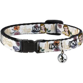 Cat Collar Breakaway with Bell Beauty and The Beast Belle Pose with Script and Flowers White 8.5 to 12 Inches 0.5 Inch Wide in Saudi Arabia