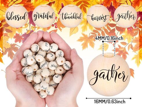 Whaline 100pcs عيد الشكر حبات الخشب Rustic Farmhouse Craft الخرزات السقوط شاكرين ممتنة بالامتنان حبات خشبية خشبية حبة جولة طبيعية لخريف DIY صنع سوار قلادات المنزل in Saudi Arabia