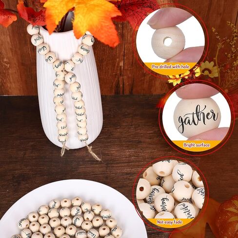 Whaline 100pcs عيد الشكر حبات الخشب Rustic Farmhouse Craft الخرزات السقوط شاكرين ممتنة بالامتنان حبات خشبية خشبية حبة جولة طبيعية لخريف DIY صنع سوار قلادات المنزل in Saudi Arabia