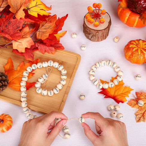 Whaline 100pcs عيد الشكر حبات الخشب Rustic Farmhouse Craft الخرزات السقوط شاكرين ممتنة بالامتنان حبات خشبية خشبية حبة جولة طبيعية لخريف DIY صنع سوار قلادات المنزل in Saudi Arabia