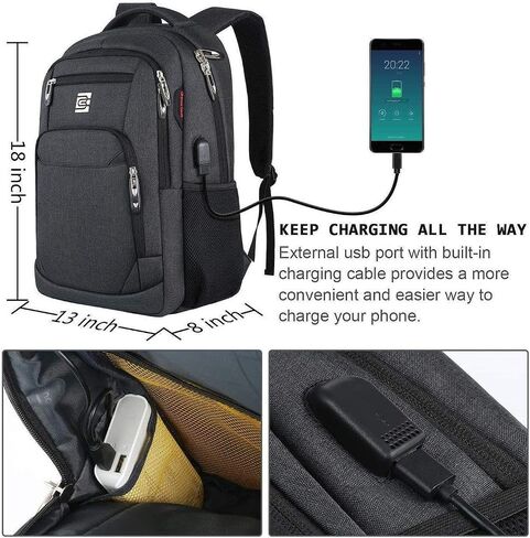 FR Fashion Co. 18" Anti-Theft Pocket Travel Backpack | USB Charging Port | Ventilated Padding | Lightweight Polyester Black 15.6 in Kuwait