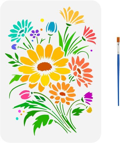 FINGERINSPIRE Daisy Flower Bouquet Painting Stencil with Paint Brush 8.3x11.7inch Hollowed Daisy Flowers Drawing Template Reusable Flower Bouquet Stencil Plant Theme for Painting on Wood Fabric in Saudi Arabia