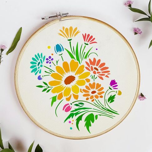 FINGERINSPIRE Daisy Flower Bouquet Painting Stencil with Paint Brush 8.3x11.7inch Hollowed Daisy Flowers Drawing Template Reusable Flower Bouquet Stencil Plant Theme for Painting on Wood Fabric in Saudi Arabia