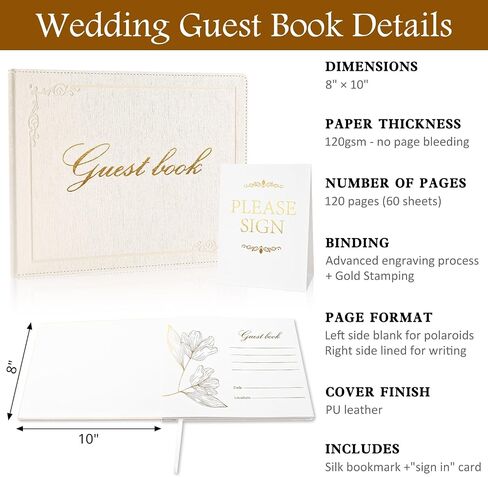 8x10 Leather Guest Book and Standup Sign Set, Gold Foiled Cover Registry Book for Wedding Reception, Retirement Party, Vacation Homes and Events, 120 Pages (White) in Saudi Arabia