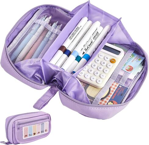 Large Pencil Case, Wide Opening Pencil Pouch with Zipper, Multi-layer Aesthetic Pen Bag for Teens Girls Women, Portable Pen Holder for Office College School (Purple) in Kuwait