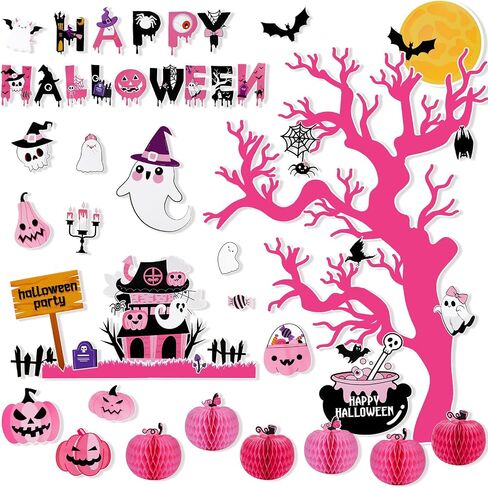 Konsait Halloween Bulletin Board Decorations - 47pcs Pink Tree Monster Pumpkin Ghost Halloween Cutouts for Home Office Classroom in Saudi Arabia
