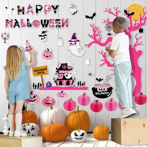 Konsait Halloween Bulletin Board Decorations - 47pcs Pink Tree Monster Pumpkin Ghost Halloween Cutouts for Home Office Classroom in Saudi Arabia