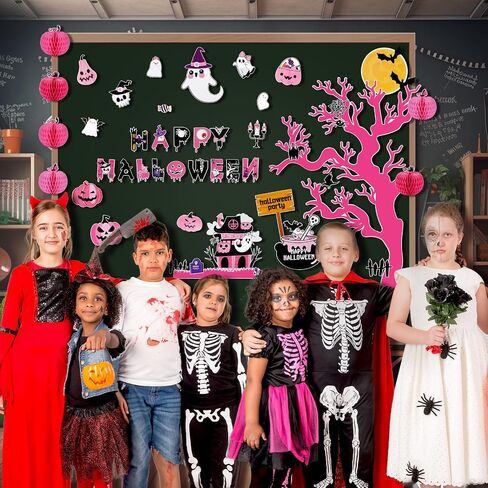 Konsait Halloween Bulletin Board Decorations - 47pcs Pink Tree Monster Pumpkin Ghost Halloween Cutouts for Home Office Classroom in Saudi Arabia