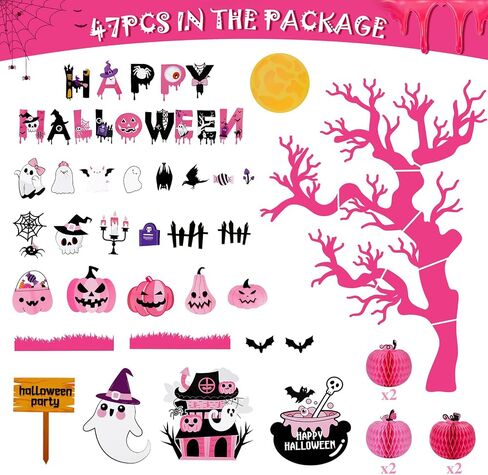 Konsait Halloween Bulletin Board Decorations - 47pcs Pink Tree Monster Pumpkin Ghost Halloween Cutouts for Home Office Classroom in Saudi Arabia