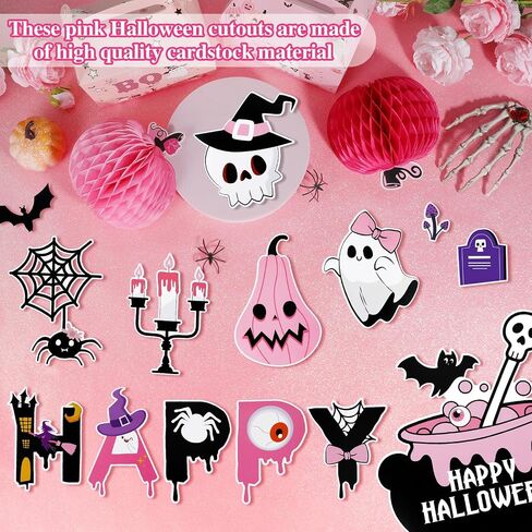 Konsait Halloween Bulletin Board Decorations - 47pcs Pink Tree Monster Pumpkin Ghost Halloween Cutouts for Home Office Classroom in Saudi Arabia