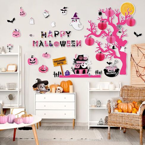 Konsait Halloween Bulletin Board Decorations - 47pcs Pink Tree Monster Pumpkin Ghost Halloween Cutouts for Home Office Classroom in Saudi Arabia