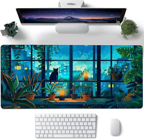 Desk Mat, Cute Lofi Anime Black Cat Green Plants Large Gaming Mouse Pad with Non-Slip Base Stitched Edges,Desk pad for Keyboard and Mouse Home Office 35.4"x15.7" in Saudi Arabia