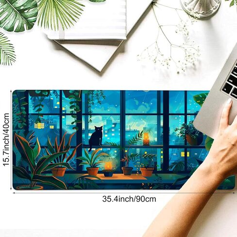 Desk Mat, Cute Lofi Anime Black Cat Green Plants Large Gaming Mouse Pad with Non-Slip Base Stitched Edges,Desk pad for Keyboard and Mouse Home Office 35.4"x15.7" in Saudi Arabia