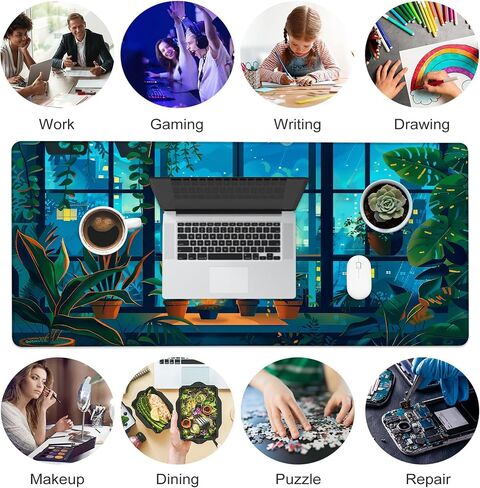 Desk Mat, Cute Lofi Anime Black Cat Green Plants Large Gaming Mouse Pad with Non-Slip Base Stitched Edges,Desk pad for Keyboard and Mouse Home Office 35.4"x15.7" in Saudi Arabia