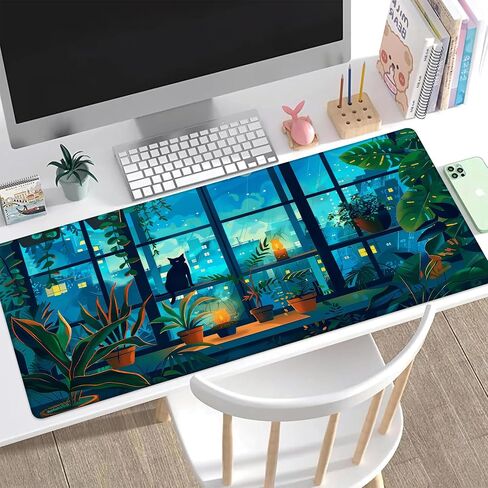 Desk Mat, Cute Lofi Anime Black Cat Green Plants Large Gaming Mouse Pad with Non-Slip Base Stitched Edges,Desk pad for Keyboard and Mouse Home Office 35.4"x15.7" in Saudi Arabia