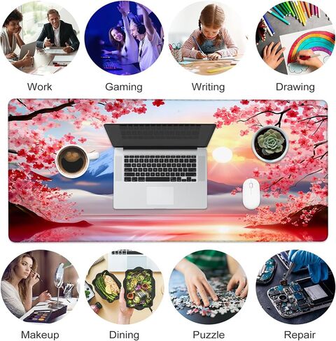 Desk Mat, Cute Lofi Anime Black Cat Green Plants Large Gaming Mouse Pad with Non-Slip Base Stitched Edges,Desk pad for Keyboard and Mouse Home Office 35.4"x15.7" in Saudi Arabia