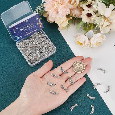 SUNNYCLUE 1 Box 120Pcs Dragonfly Wing Beads Bulk Silver Wing Bead Charm Alloy Metal Tibetan Vintage Fairy Spacers for Jewelry Making DIY Christmas Necklace Earrings Beginners Women in Saudi Arabia