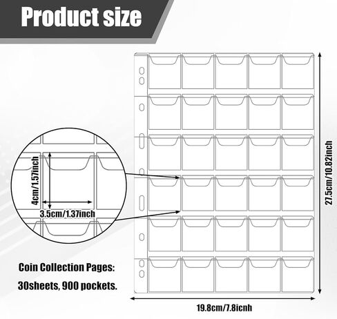 900 Pockets Coin Binder Collection Supplies Pages, 30 Sheets Standard 9 Hole Coin Collector Sleeves, Coins Collecting Pocket Page for Coins Stamp Badge Collection in Kuwait